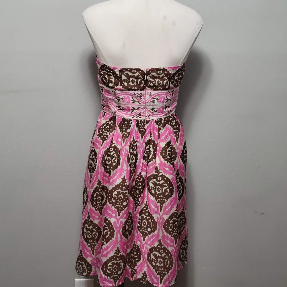 Anthro Plenty by Tracy Reese pink brown geo strapless silk blend dress size 6 - Picture 6 of 8